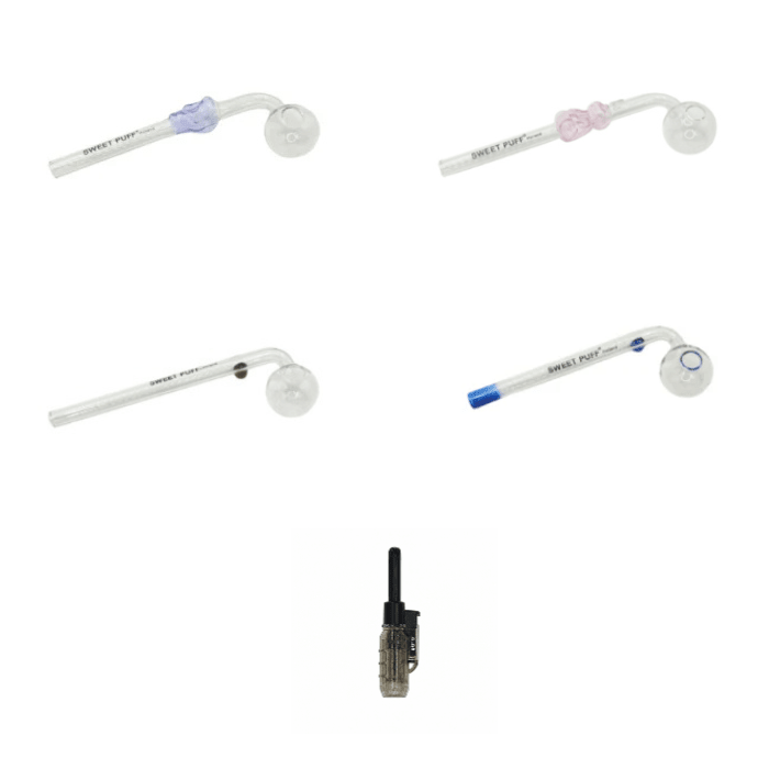 Mixed Designs Sweet Puff Glass Pipe Value Pack + Jet Lighter - Oz Sweet Puff