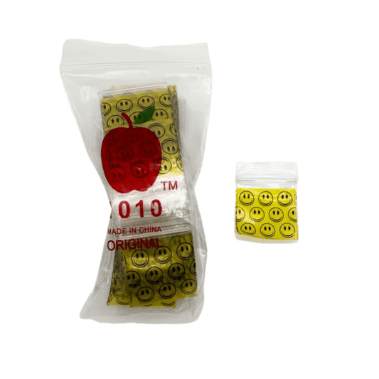1010 Yellow Smiley Apple Bags 100 Pack 25x25mm - Oz Sweet Puff