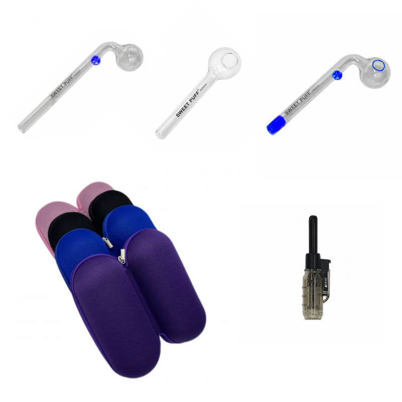 Sweet Puff Glass Pipe & Medium Case Bundle + Jet Lighter