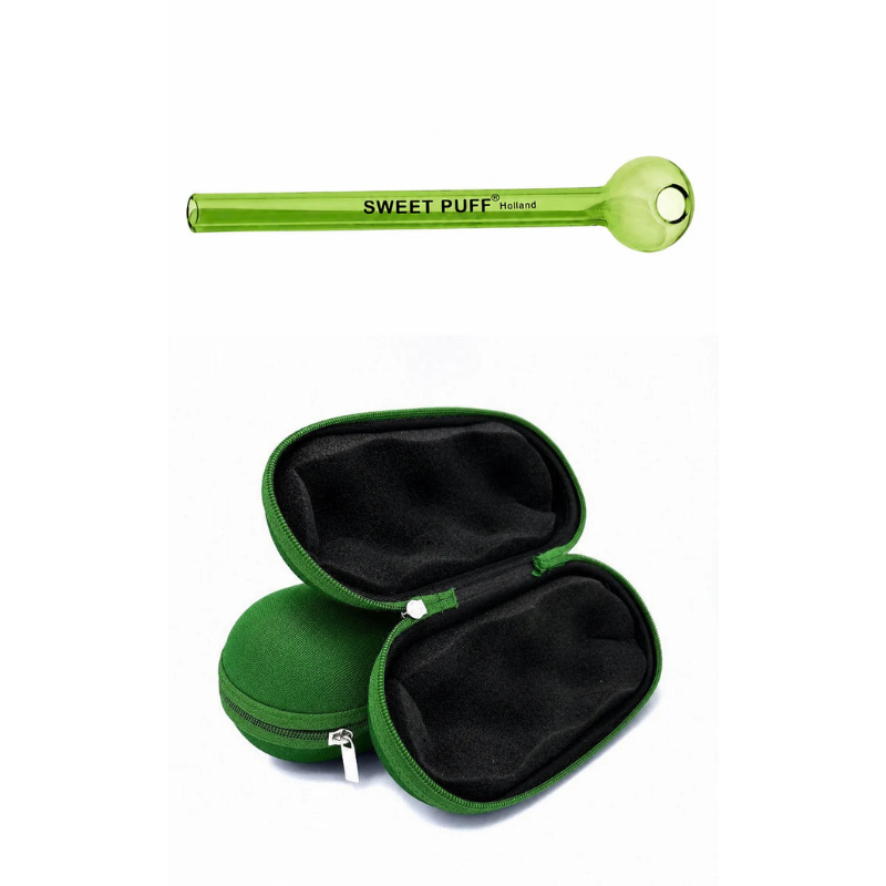 Straight Sweet Puff Glass Pipe & Medium Case Bundle Green