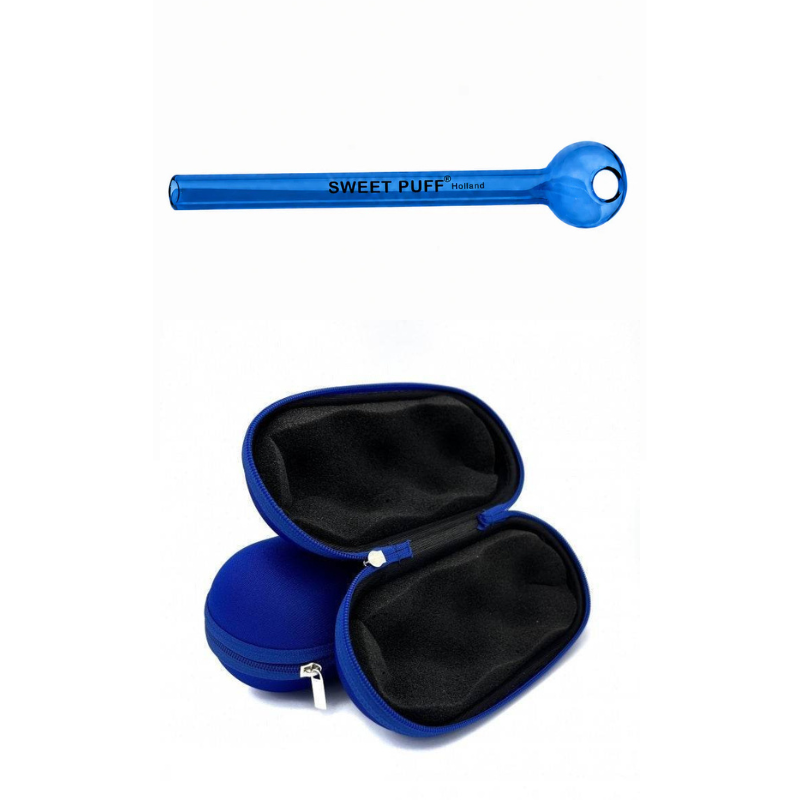 Straight Sweet Puff Glass Pipe & Medium Case Bundle Blue